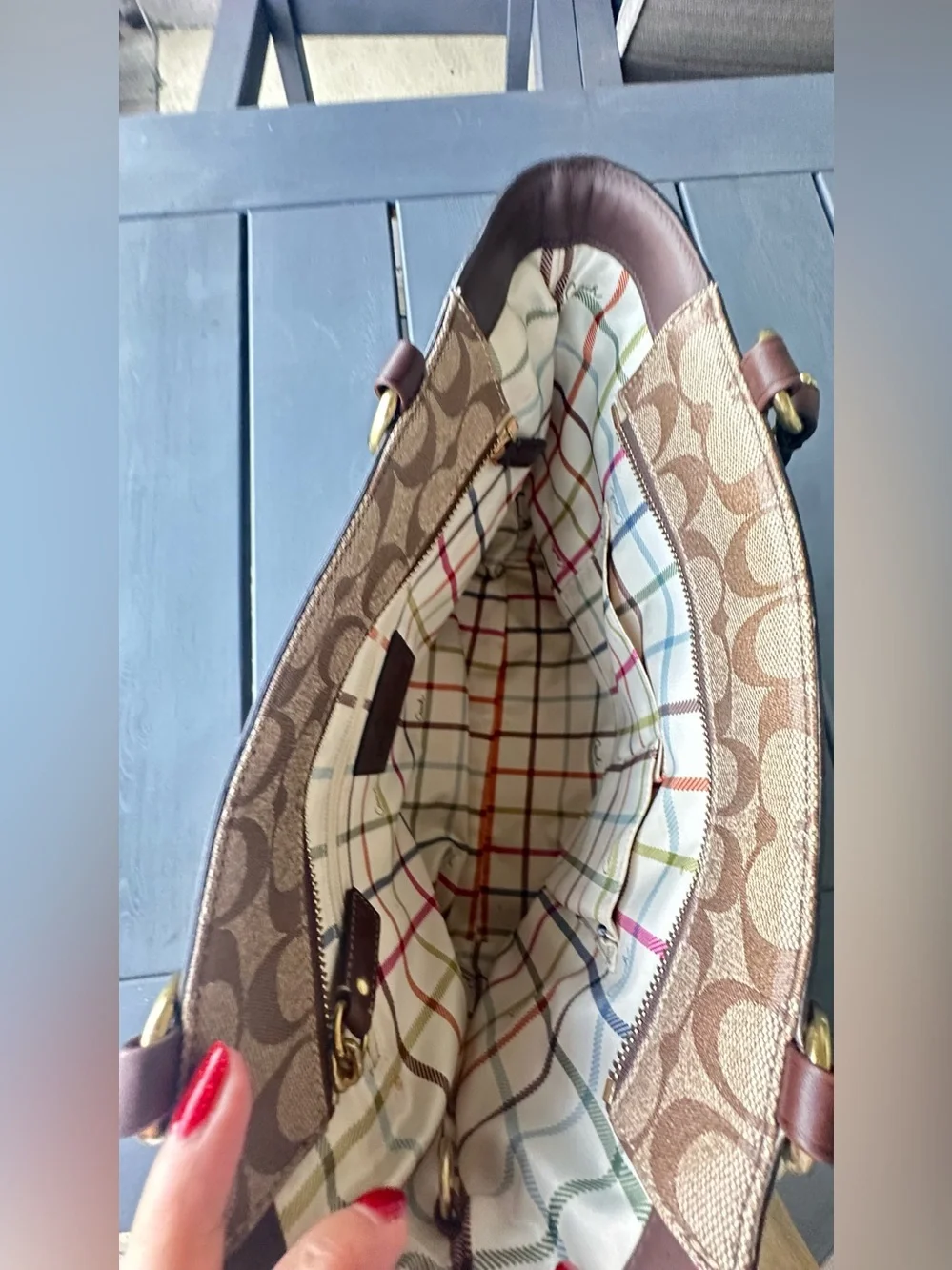 Coach Brown Signature Canvas Tote with Cream Stripe